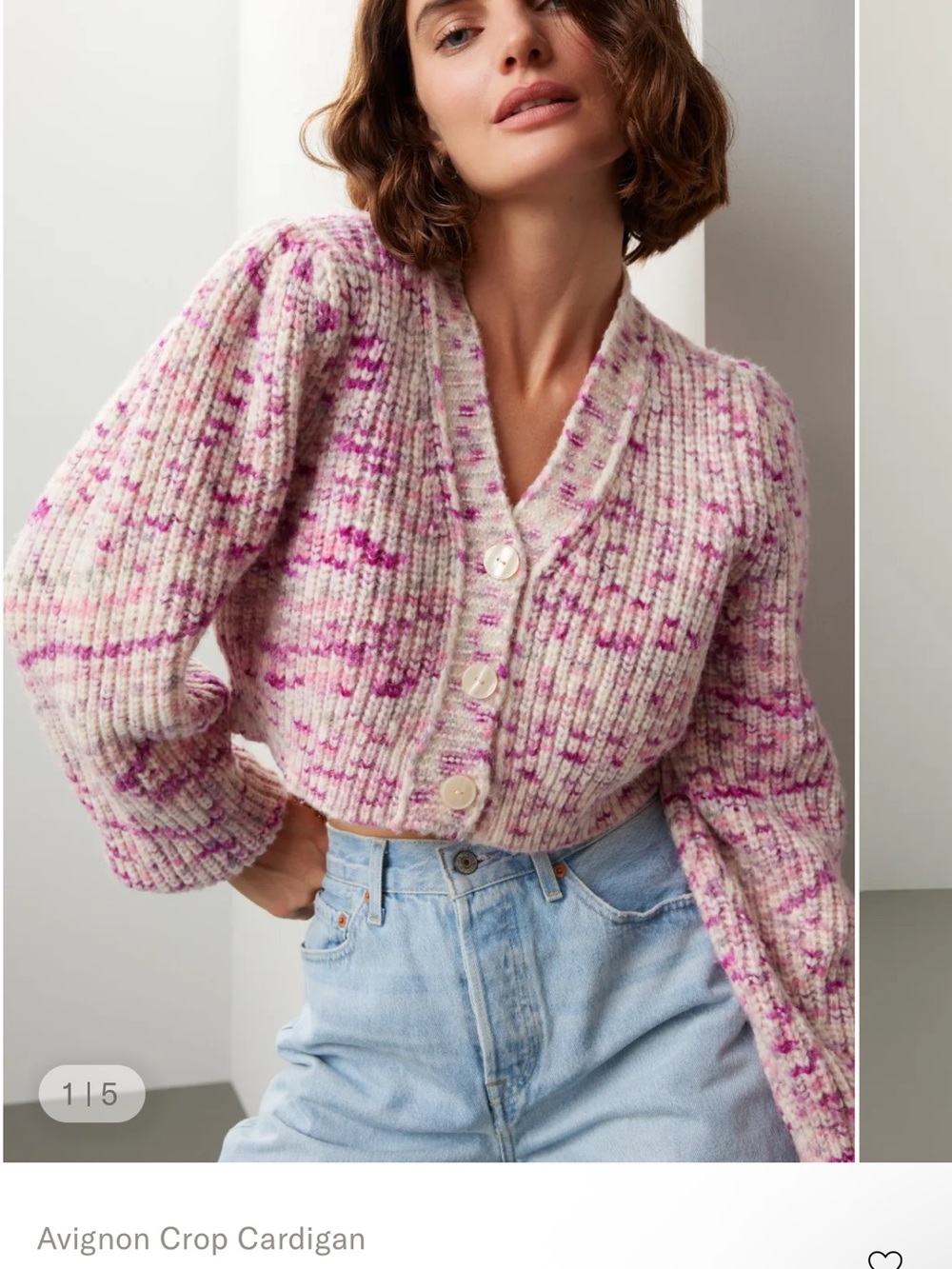 LoveShackFancy Avignon Crop Cardigan Pink Marled Knit L MSRP $495